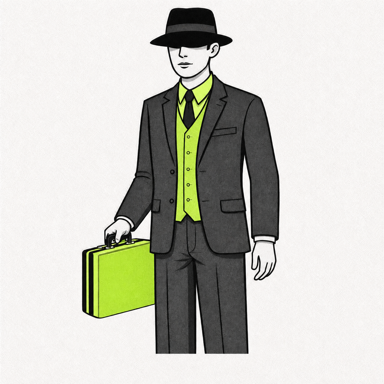 Editorial illustration of a person in a black suit with a blue underlayer carrying a blue briefcase